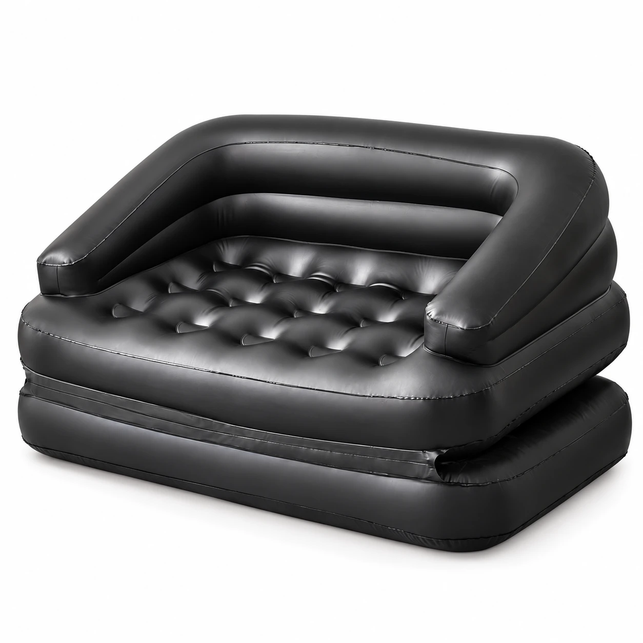 Black inflatable convertible lounge sofa in its folded seating position