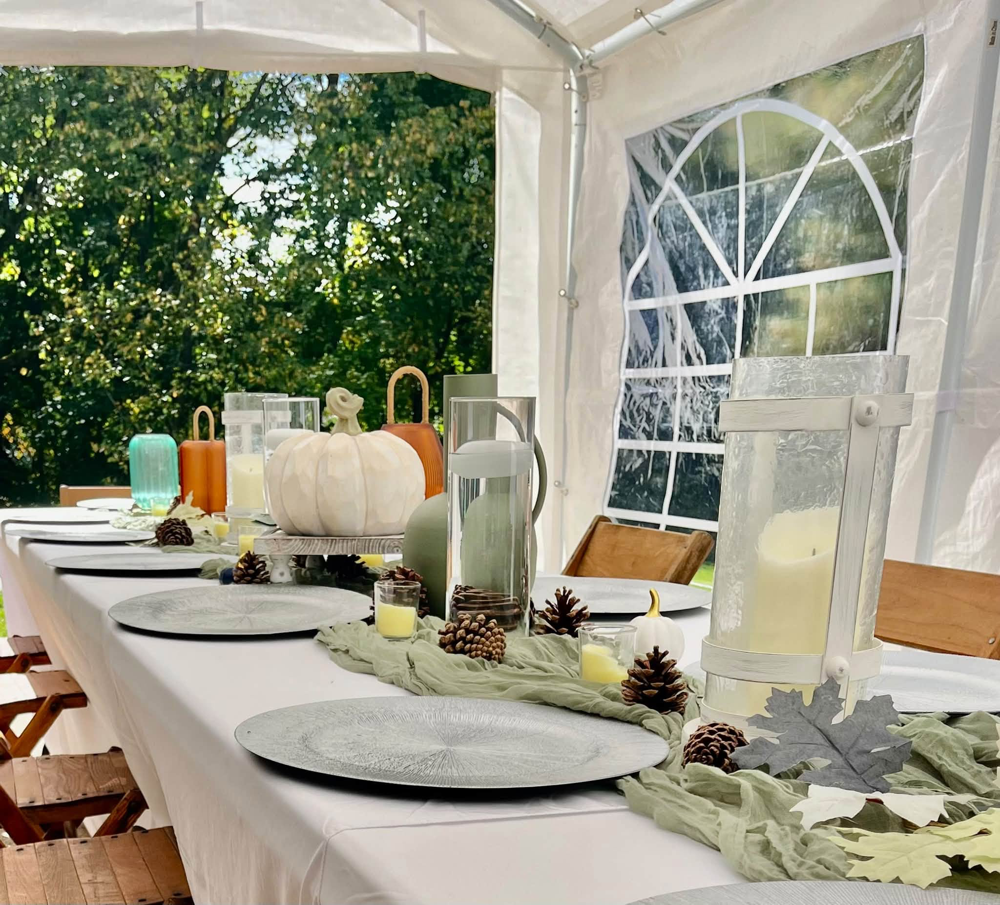 Fall table setting inside a windowed tent