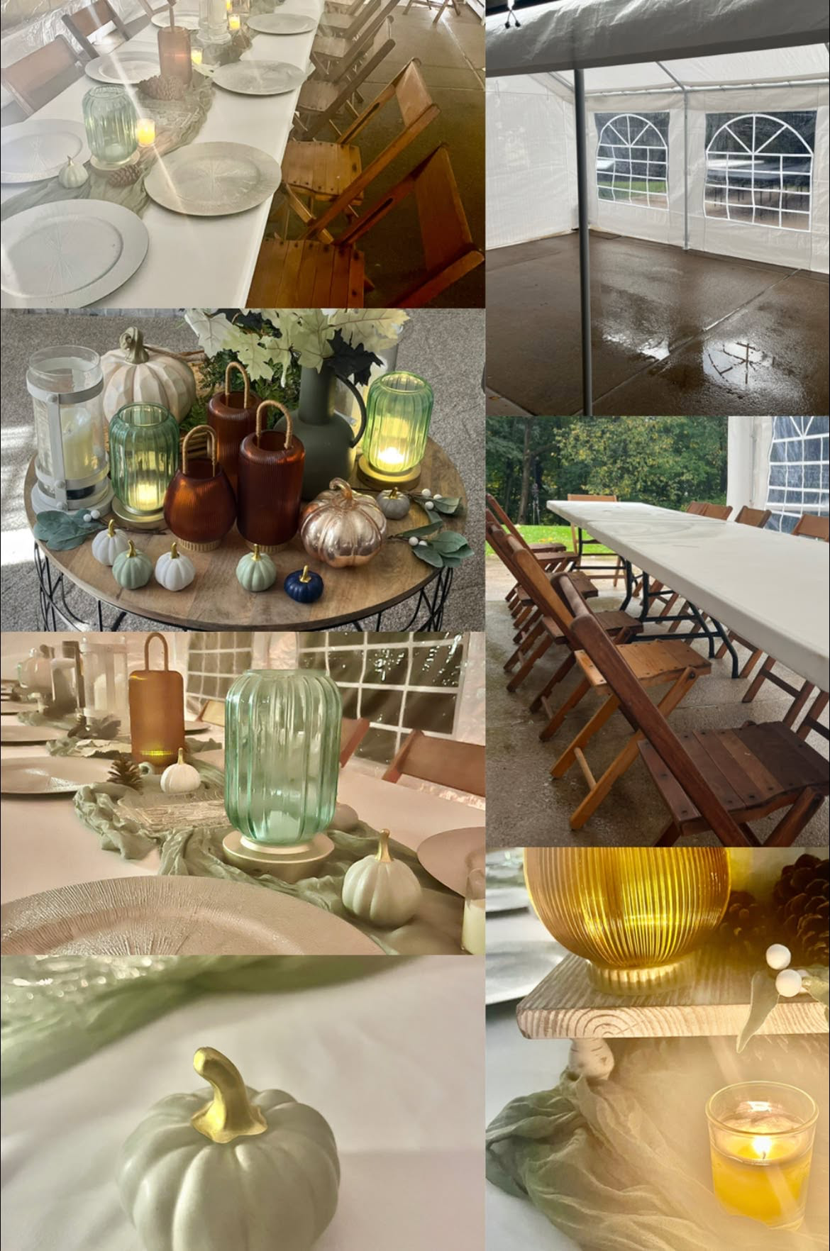 Collage of a fall tablescape with lanterns, chargers, pumpkins, greenery and wooden chairs beneath a white tent