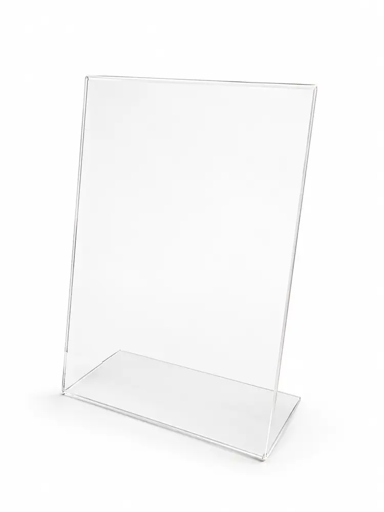 Clear acrylic tabletop flyer stand on a white background