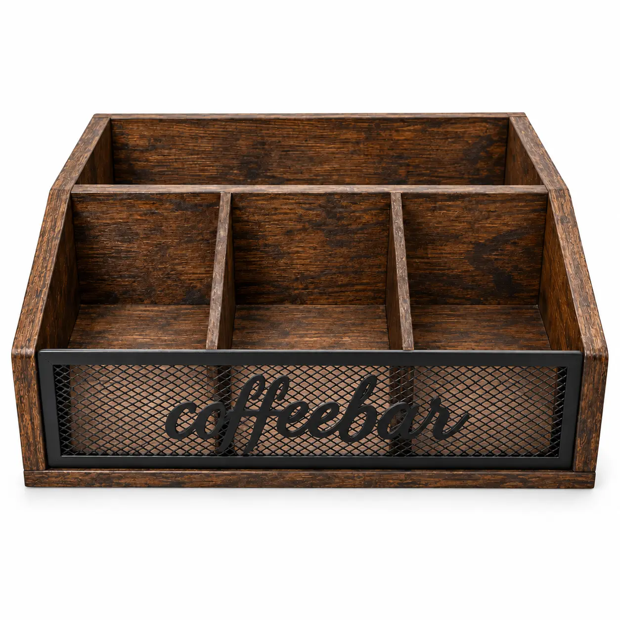 Empty rustic wooden coffee bar organizer with coffeebar lettering on black metal mesh front