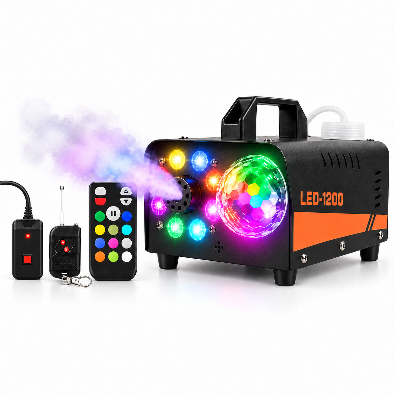 Black color-changing LED fog machine producing purple and blue fog on a white background