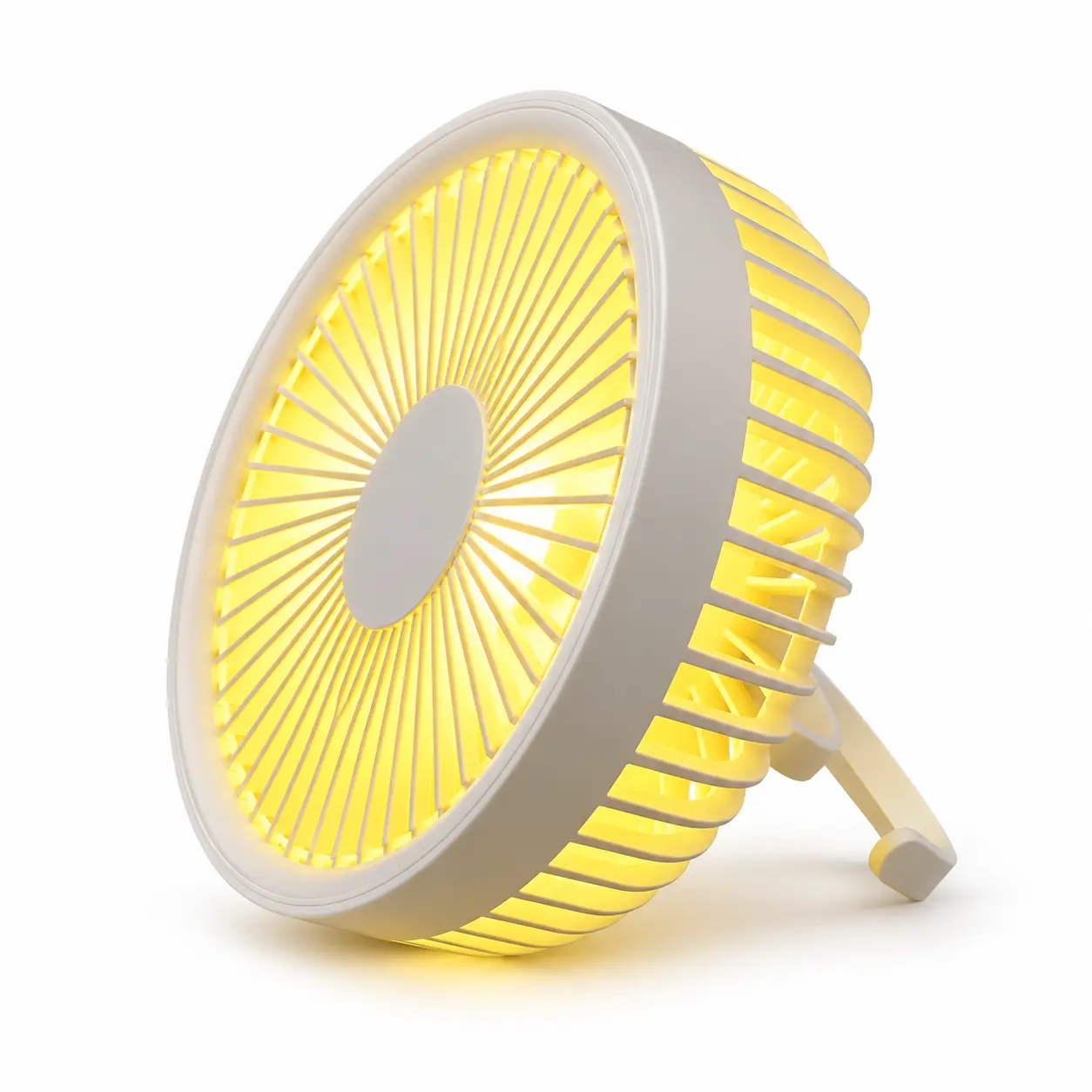 White cordless mini fan with its warm light switched on