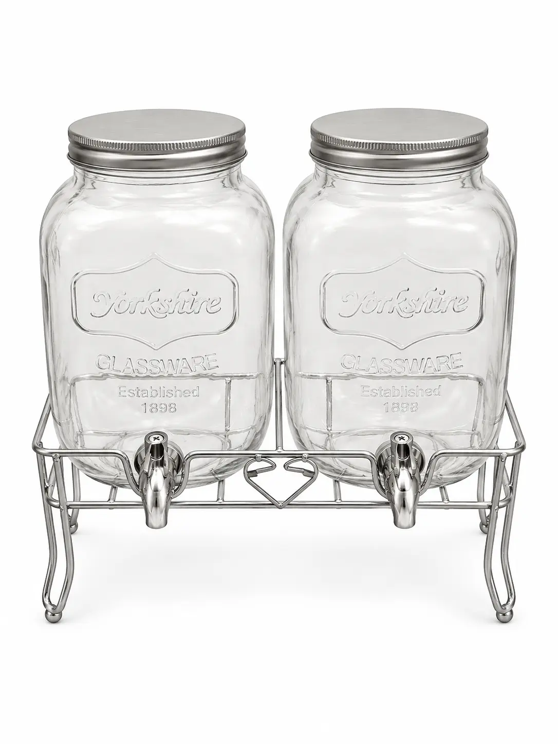 Two clear glass drink dispensers with silver lids and spigots on a shared metal stand