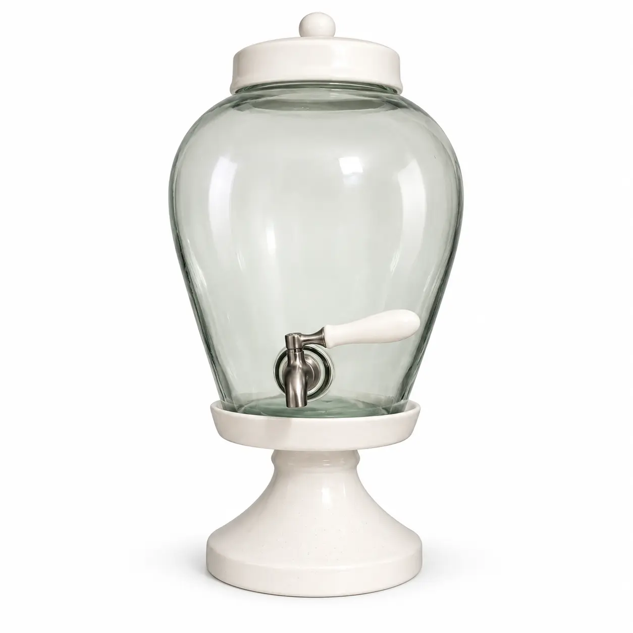 Clear glass drink dispenser with a white lid and pedestal base