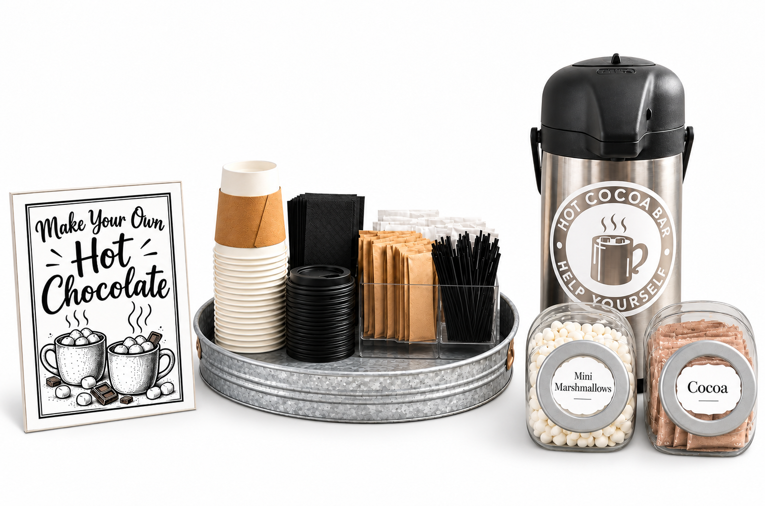 Hot beverage bar styled for cocoa with illustrated sign, tray, organizer, pump carafe and jars on a white background