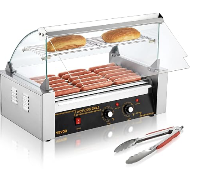 Stainless steel hot dog roller with clear cover and upper bun shelf