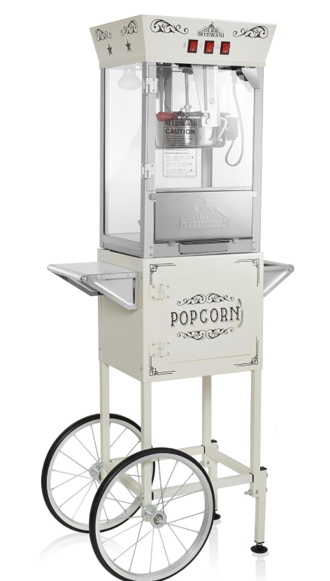 Cream-colored popcorn machine on its matching wheeled cart