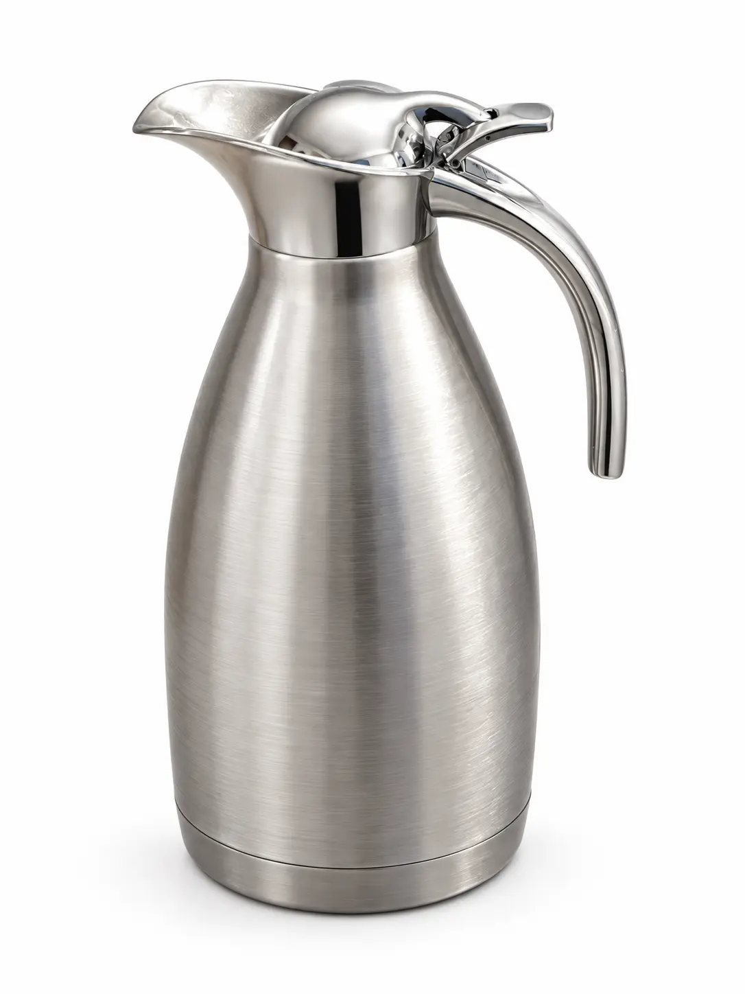 Brushed silver carafe with a curved handle and pouring spout
