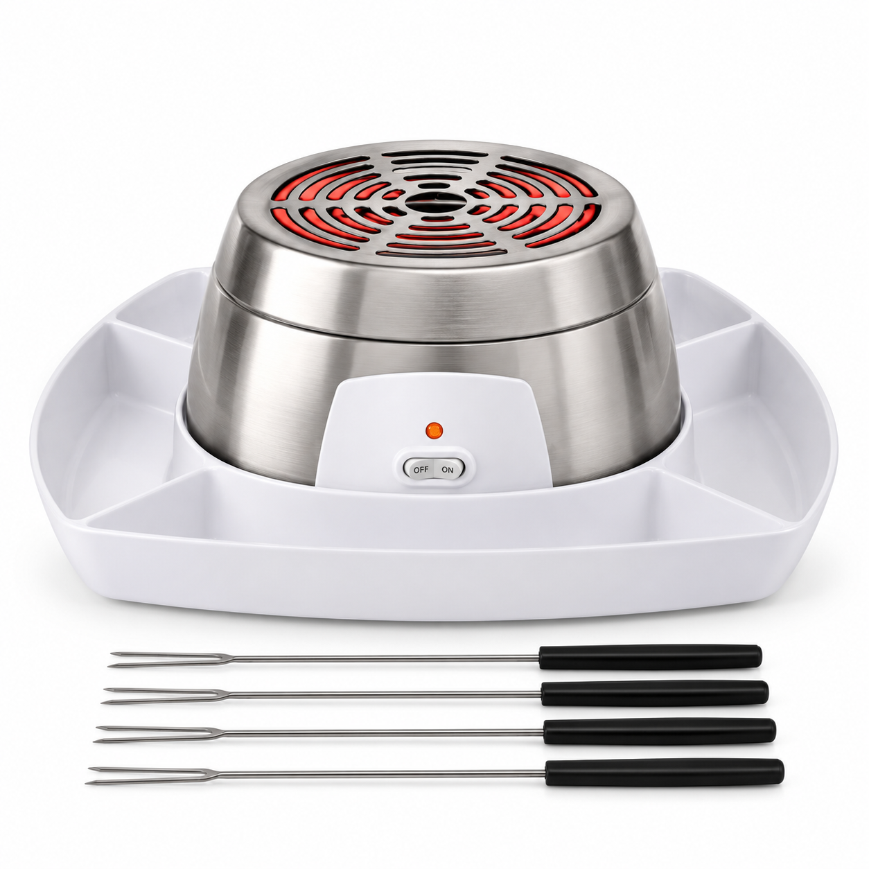 Stainless steel flameless s’mores maker with white divided tray and four roasting skewers on a white background