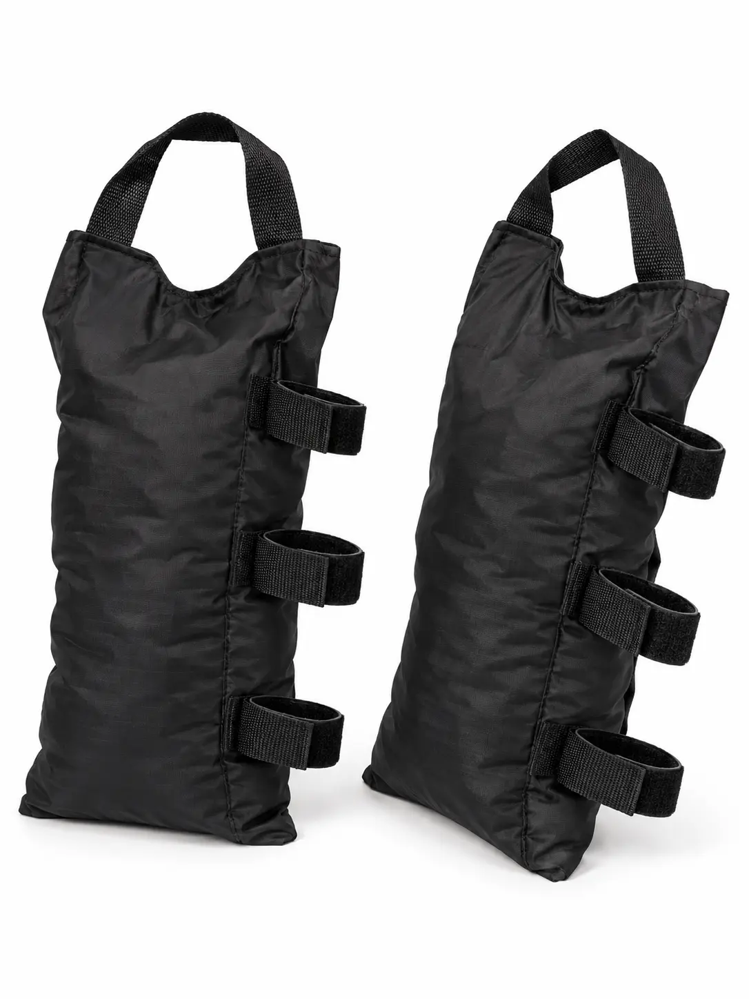 Black fabric tent sand bags with carry handles and fastening straps on a white background