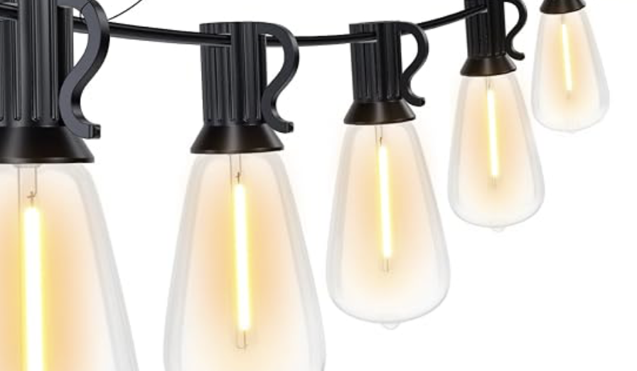 Warm-white Edison-style bulbs on a black bistro string light strand