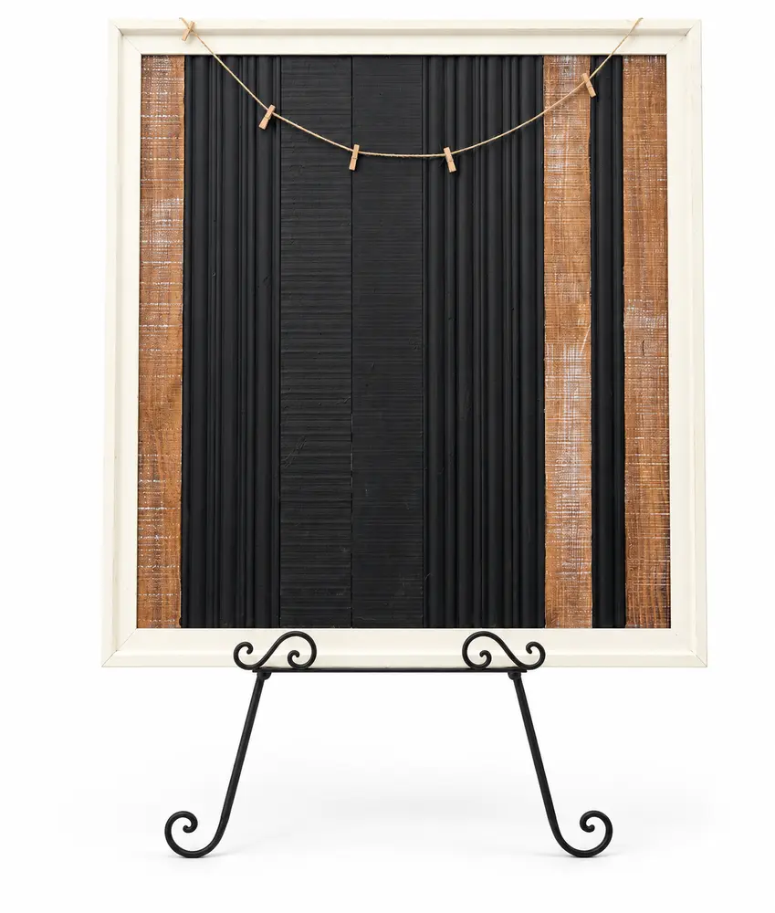 Wooden framed black display sign with twine and clothespins on a metal easel