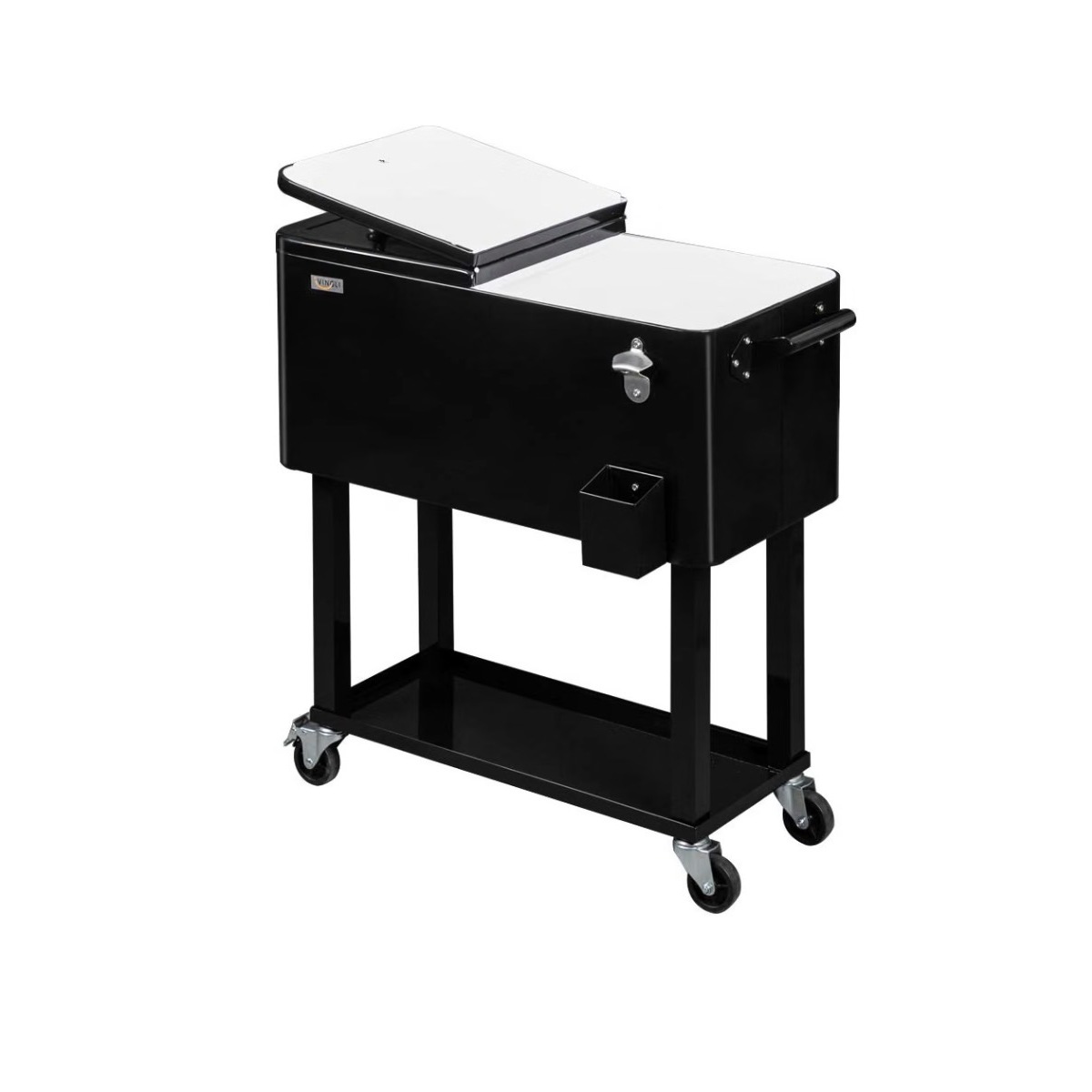 Tall black raised cooler on wheels